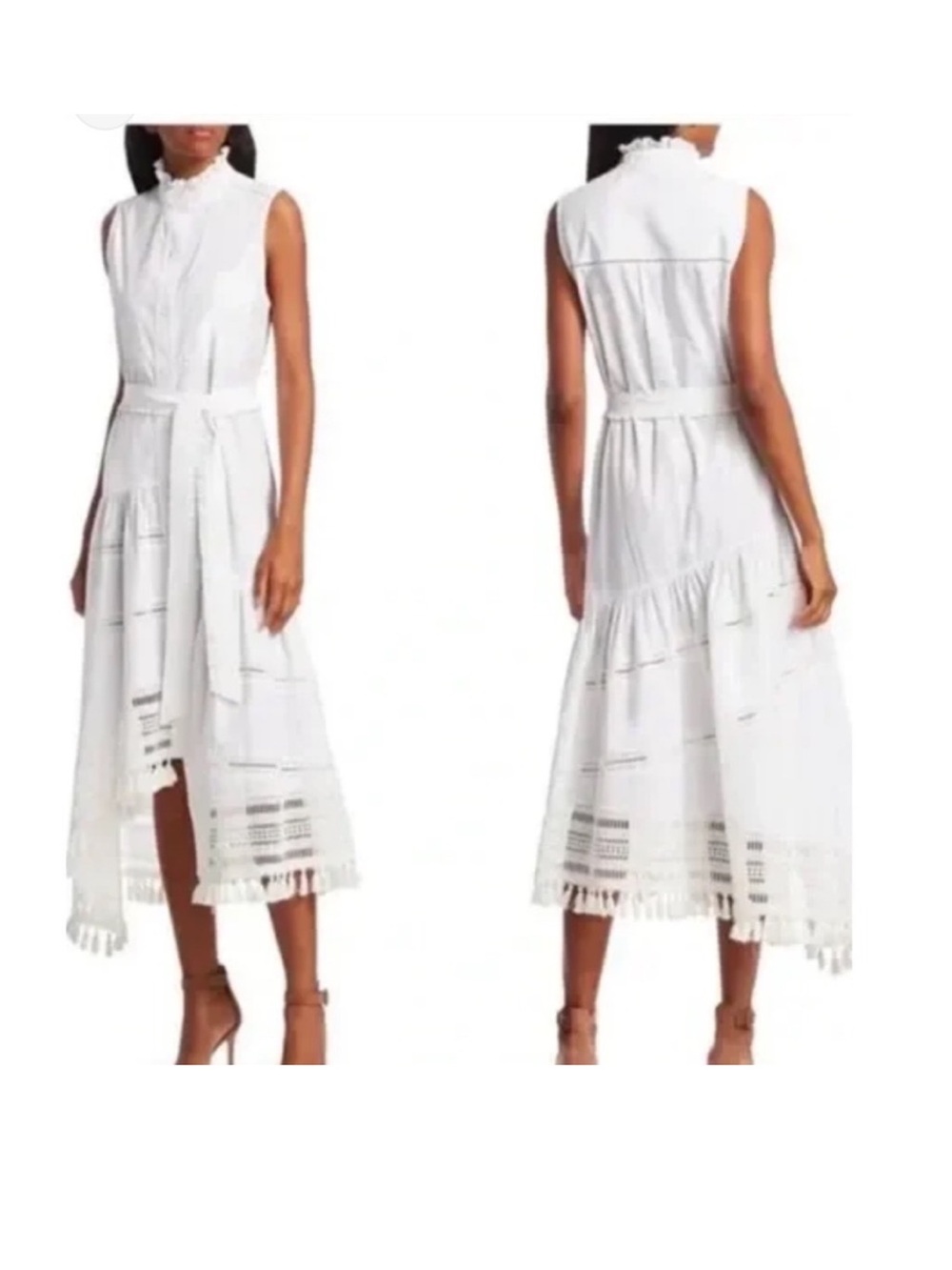 10 Crosby Derek Lam White Sleeveless Tiered Midi Dress with Tassel Hem